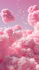 Dreamy 3D of pink clouds and bubbles. Background with pink clouds