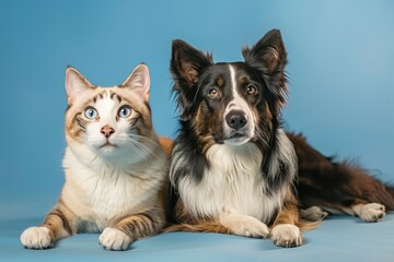Naklejka na ściany i meble tabby cat and border collie dog in front of a blue gradient background - generative ai