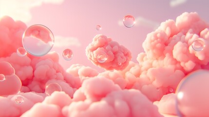 Fototapeta premium Dreamy 3D of pink clouds and bubbles. Background with pink clouds