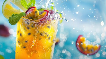 A tropical passionfruit margarita cocktail with its vibrant colors splashing against a backdrop of sunny skies is the ultimate summer party drink