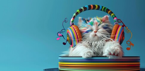 Rhythmic Angora cat with headphones. Deep blue background. Psychedelic vibes.. - obrazy, fototapety, plakaty