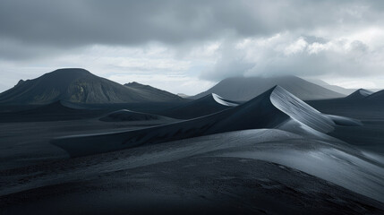 Sculpted black sand dunes against mountain silhouettes under overcast sky - obrazy, fototapety, plakaty