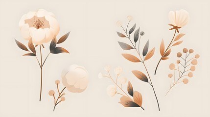 Cotton flower & ball. Beige pastel symbol & logo of natural eco organic textile, fabric. Flat icon set. Vector illustration
