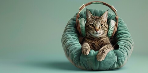 Sweet dreams! Tabby cat naps in a headphone-shaped cat bed. Light green background.. - obrazy, fototapety, plakaty