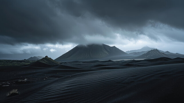 Desolate black sand desert landscape with mountains under a cloudy sky