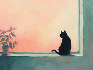 A black cat is sitting in a window sill