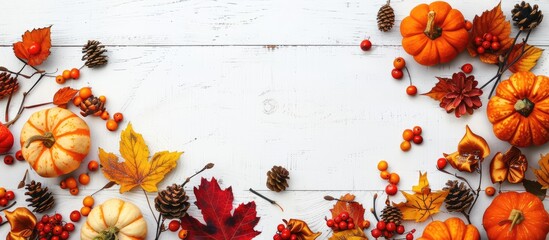 Autumn-themed decorations featuring pumpkins, berries, and leaves arranged on a white wooden surface. Represents the essence of Thanksgiving or Halloween. Flatlay presentation with room for text.
