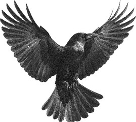 Flying crow halftone pointillism vector illustration