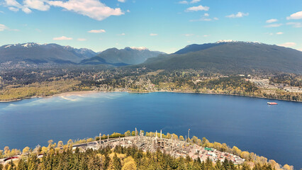 Beautiful aerial view of the Burrard Inlet as seen from North Burnaby during a spring season in...