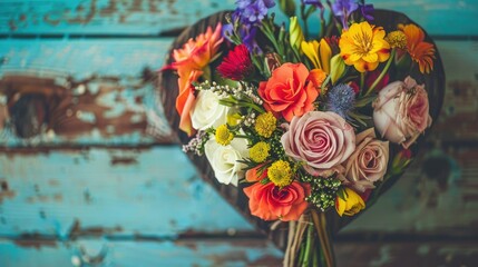 A stunning bouquet of flowers adorning a wooden heart