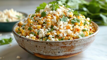 Savor the flavors of Mexico with elote a tantalizing street corn dish topped with crumbled cotija cheese vibrant fresh cilantro and a hint of spicy chili