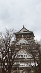 Osaka, Japon. March 28, 2024:  Osaka castle tower on a gray day.