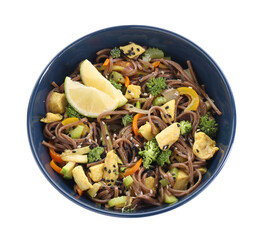 Stir-fry. Delicious cooked noodles with chicken and vegetables in bowl isolated on white, top view