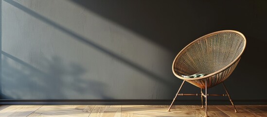 Interior room featuring a wicker chair against a dark grey wall. - obrazy, fototapety, plakaty