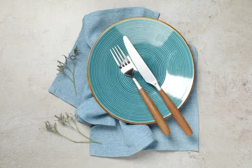 Fotobehang Setting with beautiful cutlery on textured table, top view © New Africa