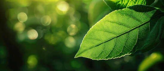 A green leaf is pictured against a blurred green backdrop, showcasing its beautiful texture under sunlight. The background features a natural landscape of green plants, emphasizing ecology.
