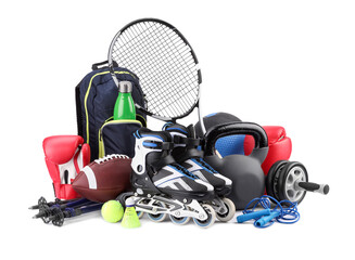 Many different sports equipment isolated on white