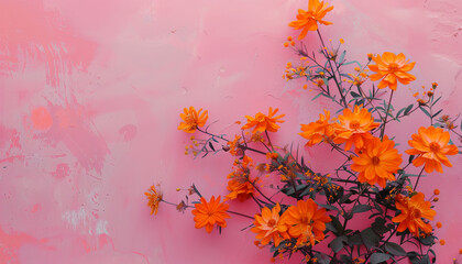 A pink background with a bunch of orange flowers