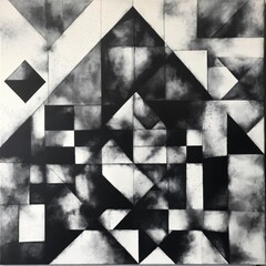 Geometric monochrome painting with charcoal blending on canvas. Contemporary painting. Modern poster for wall decoration
