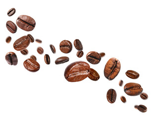 Roasted coffee beans flying on white background