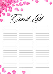 Guest list design with beautiful flower petals and empty lines
