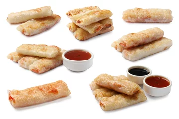 Gordijnen Delicious fried spring rolls isolated on white, set © New Africa