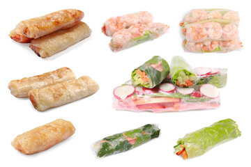 Delicious spring rolls isolated on white, set
