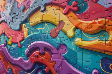 A colorful jigsaw puzzle with a rainbow background