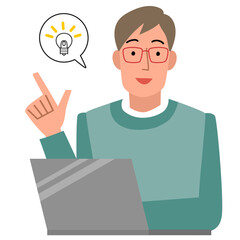 パソコンの前で笑顔で指さす男性の上半身