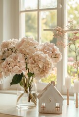 Romantic Hydrangea Bouquet with Minimalist Candle holder,   photo frames mockup with light colored walls and windows 