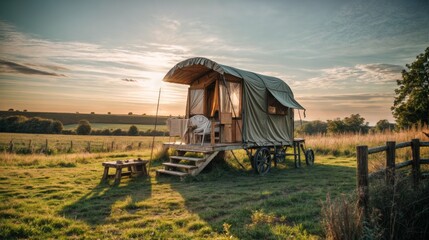 Camper trailer on a meadow at sunset. Camping in the countryside.