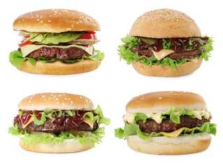 Plexiglas foto achterwand Burgers with delicious patties isolated on white, set © New Africa