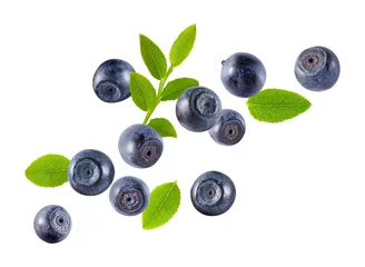 Meubelstickers Fresh ripe bilberries and green leaves flying on white background © New Africa