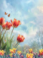 spring tulips, blue sky with clouds and butterflies, 