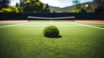 Striking Close-Up of a Green Tennis Ball on a Bright Court - obrazy, fototapety, plakaty