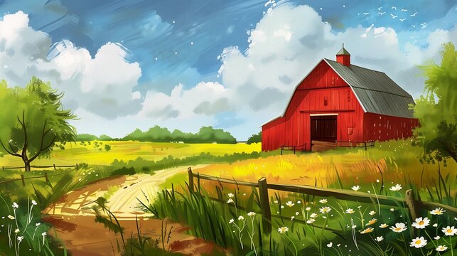 red barn field dirt road visual novel cutie corn tall farmer hard strong buildings next bright rustic enormous secure sunny day