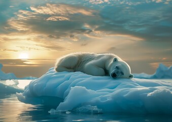 polar bear laying piece ice sleepy atmospherics early morning asleep beyond horizon - obrazy, fototapety, plakaty