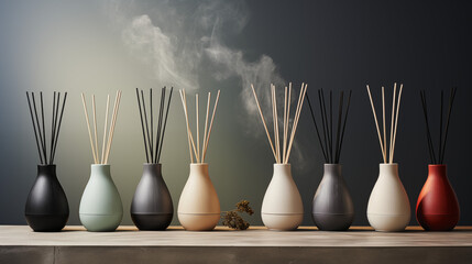 Stylish Reed Diffusers with Gradient Hues and Aroma - obrazy, fototapety, plakaty
