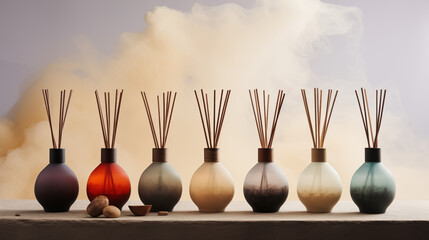Aromatic Reed Diffusers on Shelf with Earthy Tones and Clouds - obrazy, fototapety, plakaty