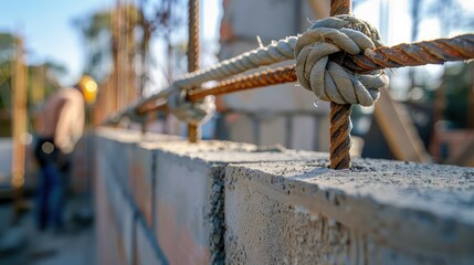 In the foreground a captivating close up captures a line pin and a slender rope positioned horizontally at the top of a wall while a skilled bricklayer meticulously sets and aligns bricks in - obrazy, fototapety, plakaty