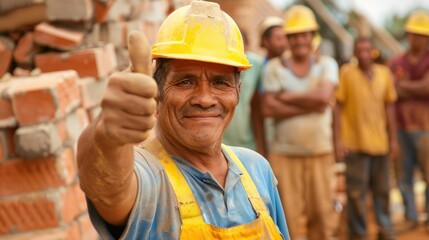 The skilled bricklayer gave a confident thumbs up signaling approval on Labor Day amidst a crowd of builders engineers and laborers - obrazy, fototapety, plakaty