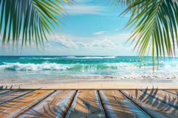 Fototapeta na wymiar Summer tropical sea with waves, palm leaves and blue sky with clouds. Perfect vacation landscape with empty wooden table - generative ai