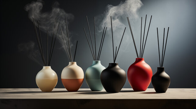 Contemporary Vases with Reed Diffusers and Smoke on Dark Background