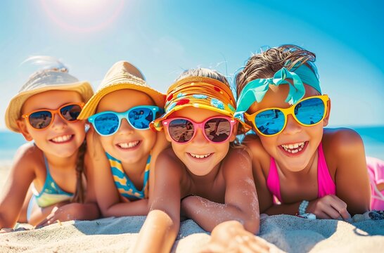 three girls sun glasses laying beach arms kids playing confident shaded eyes boys pop color solar flares focus close mischievous teeth filled cavities girl banner mod