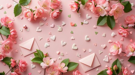 Embrace the enchanting essence of Valentine s Day with a charming combination of pink flowers envelopes and hearts delicately arranged on a soft pastel pink backdrop This captivating image 