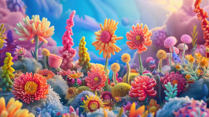 Cheerful plush toy flowers in vibrant, dreamy 3D scenery