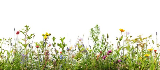 Grass and wild flowers line the edges of a white background.