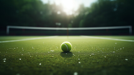 Close-up of Tennis Ball on Court with Sunflare - Professional Sports Photography - obrazy, fototapety, plakaty