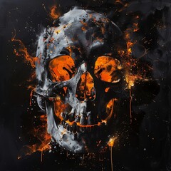 skull orange flames spray streaming concrete black background room fire fractured signature standing paint canvas cloak