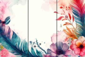 Home panel wall art three panels, colorful marble background with flowers and feathers silhouette